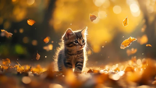Tabby Kitten Among Falling Autumn Leaves
