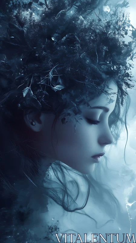 Moonlit forest spirit rests in a quiet, frost blue dream
