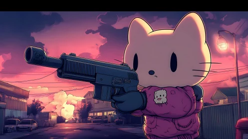 Armed cartoon cat dominates a neon dusk suburban streetscape