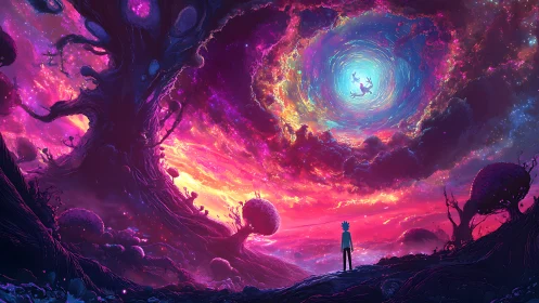 Cosmic vortex landscape frames silhouetted traveler under saturated nebula