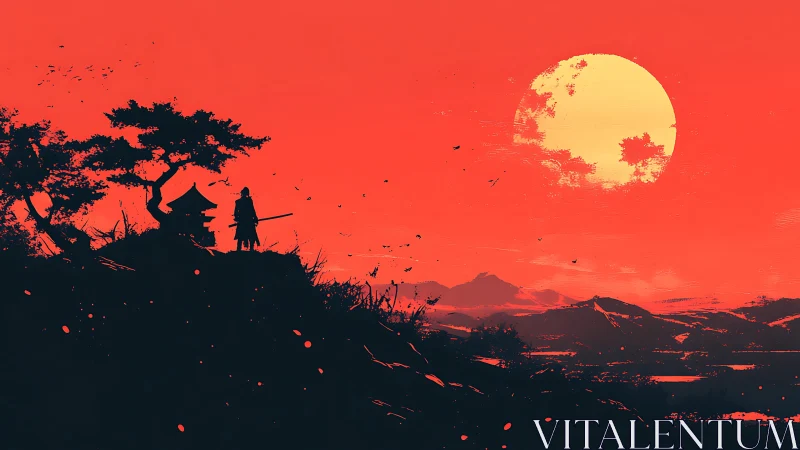 Lone samurai stands on ridge under large red sunset sky.