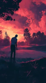 Golfer silhouette under neon magenta sunset skyscape.