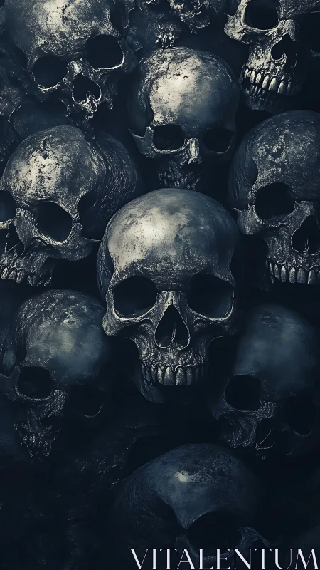 Weathered human skulls emerge from a shadowed mass.