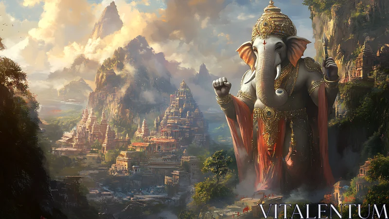 Colossal elephant deity towers above misty temple kingdom.