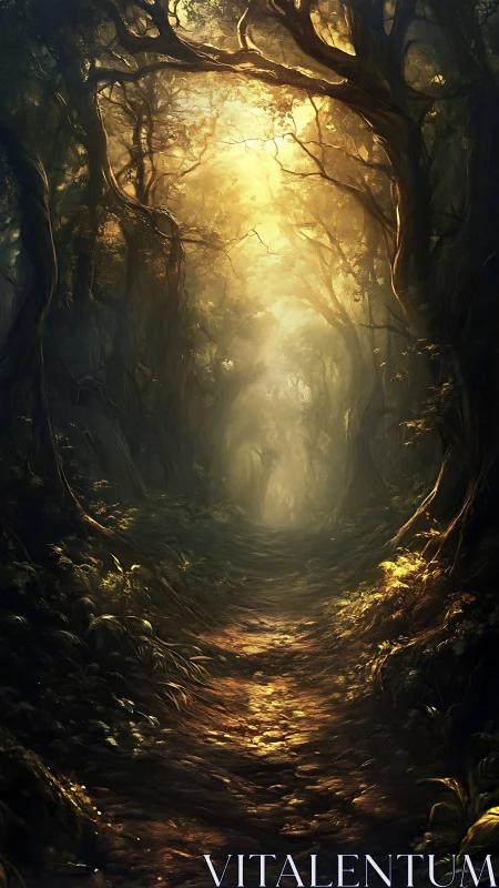 Luminous Forest Passage: Golden Light Through Ancient Woodland.