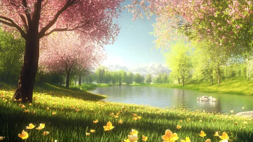 Springtime lake under blooming cherry trees in sunlight.