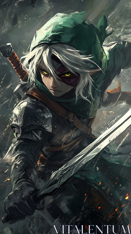 Hooded elven rogue lunges forward with weathered steel blade drawn