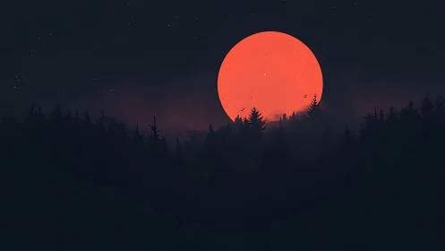 Crimson supermoon rising over silhouetted conifer forest canopy