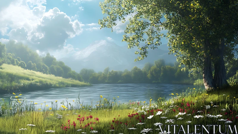 Radiant alpine lakeside biome under volumetric daylight gradients.