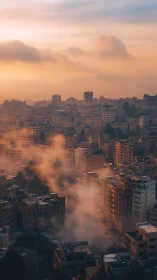 Smokestack sunrise drifting softly across stacked city blocks.