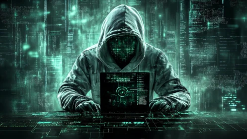 Hooded hacker at laptop in neon green digital matrix scene.