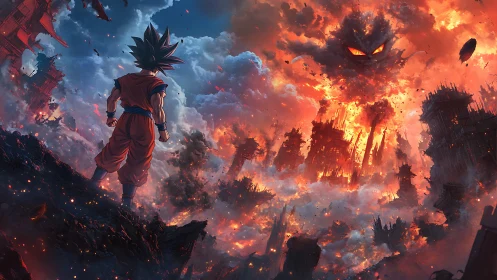 Character observes burning ruined city beneath hostile cloud entity