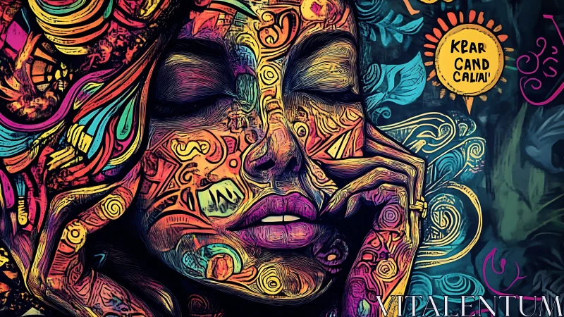 Surreal neon portrait immersed in ornate tribal patterns.