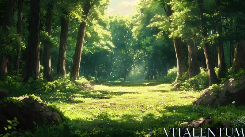 Luminous Forest Glade With Towering Conifers and Dappled Sunlight