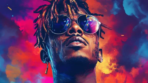 Digital portrait of man with sunglasses in vivid clouds.