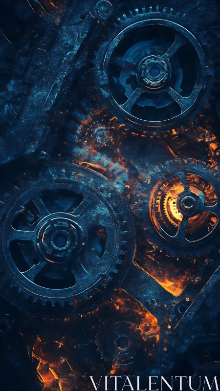 Industrial gearwork over molten core in cinematic contrast.
