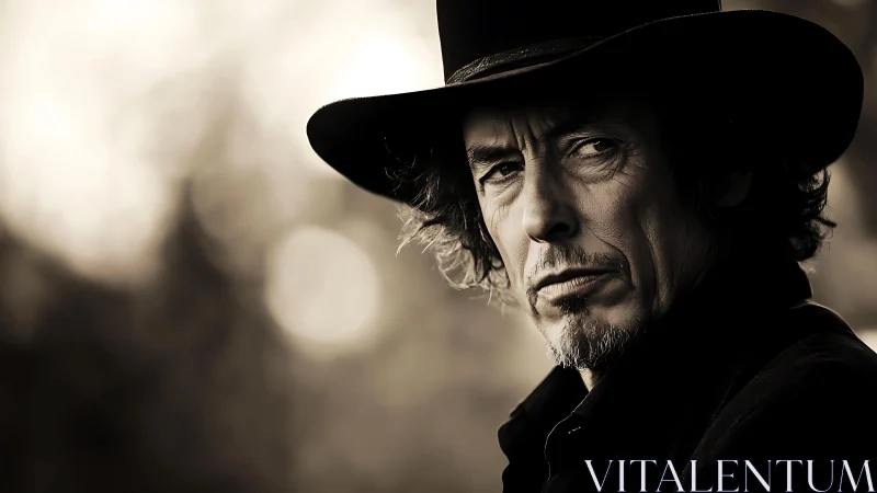 Cinematic monochrome portrait with hard side lighting and hat brim glow.