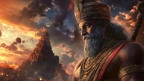 Epic warrior deity beside towering temple at dusk.