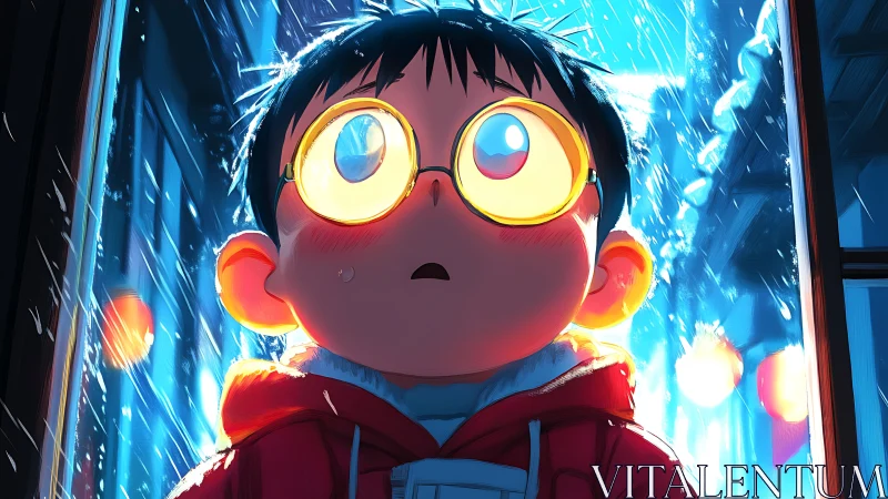 Boy with glowing glasses in rainy neon city scene.