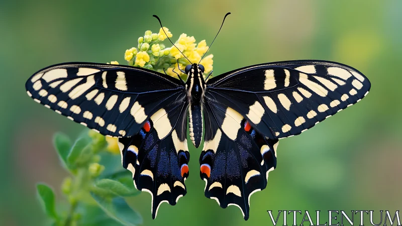 Macro study of swallowtail butterfly on soft bokeh field.