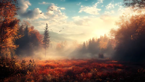 Sunlit autumn valley shows misty forest and distant hills