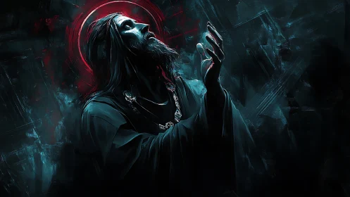Luminous red halo over supplicant figure in noir digital chiaroscuro.