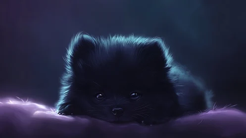 Midnight-toned fluffy puppy portrait in soft focus lighting.