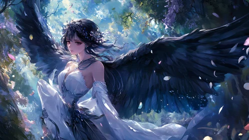 Winged female figure in white garment within forest light.