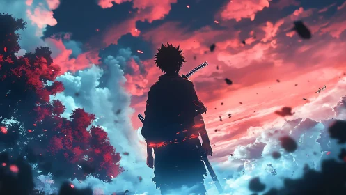 Backlit swordsman silhouette against dual-tone volumetric clouds