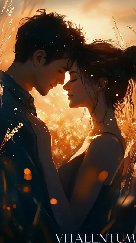 A couple shares an intimate moment bathed in golden sunset light