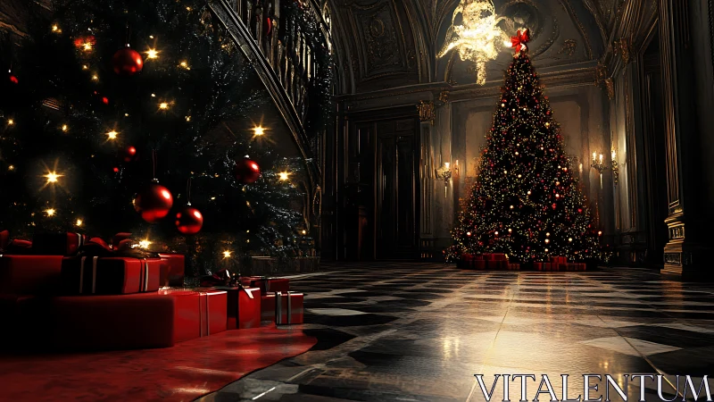 Grand interior with illuminated Christmas trees and gifts.
