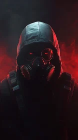 Hooded figure in gas mask stands in red backlit smoke