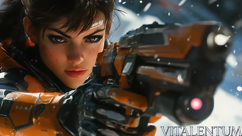 Armored sci‑fi heroine locks target in snowy firefight.