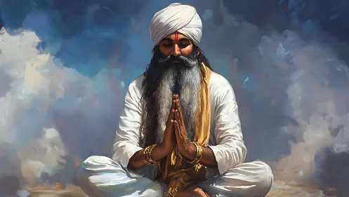 Serene sage in clouds of light finding quiet devotion.