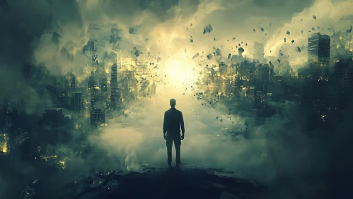 Silhouetted figure facing hazy futuristic cityscape.