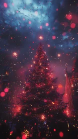 Vertically framed city plaza tree under dense neon particle snowfall