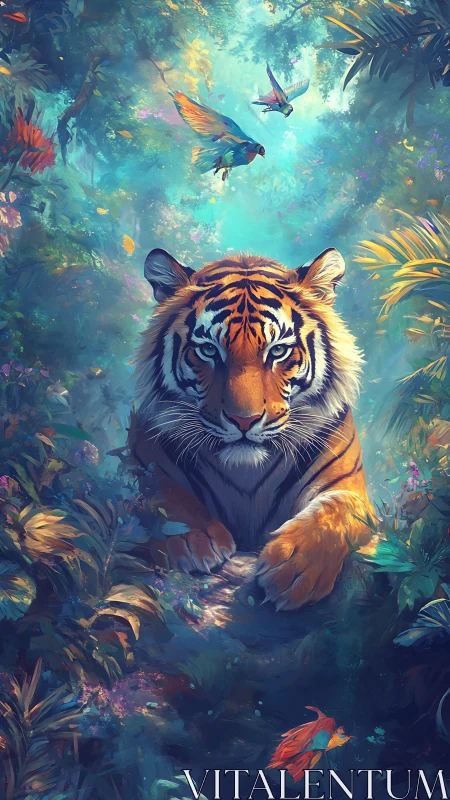 Tiger lounges like jungle royalty in a teal-dream canopy