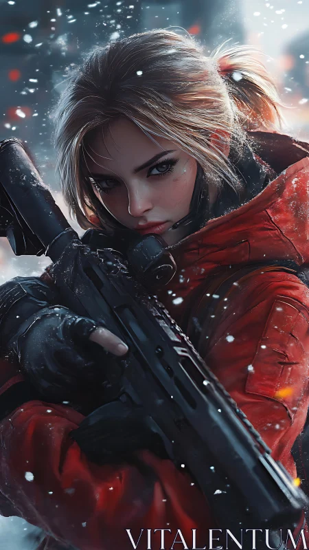 Armed Warrior in Snow: Digital Portrait of Strength