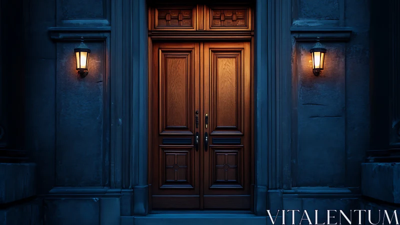 Warm wooden entry door framed by cool stone facade.