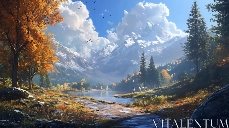 Autumn alpine valley with river, snowcapped peaks and hikers