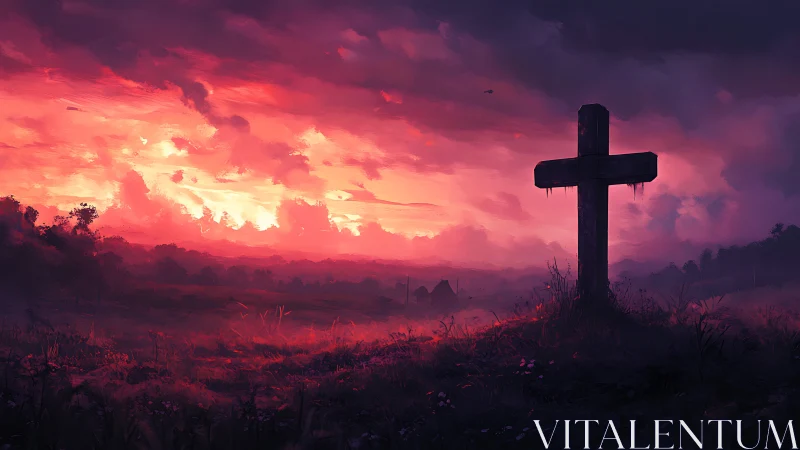 Spectral cross silhouette under volumetric crimson skyfield.