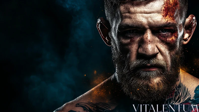 Battle-scarred fighter meets the camera with raw determination