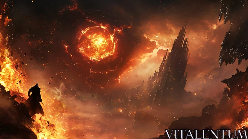 Apocalyptic realm consumed by stellar fires and gothic architecture.
