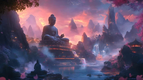 Majestic Buddha monument amid neon-lit mystical waterfalls.