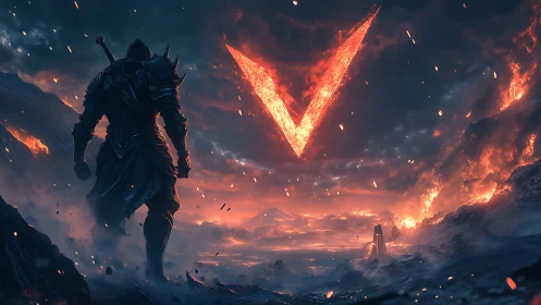 Armored warrior confronts blazing V sigil in apocalyptic sky