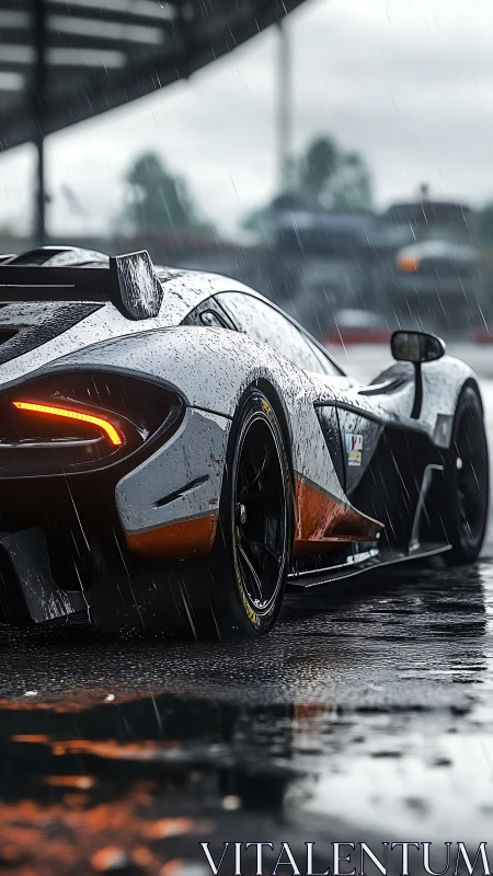 Rear view shows wet race car on rainy track at circuit