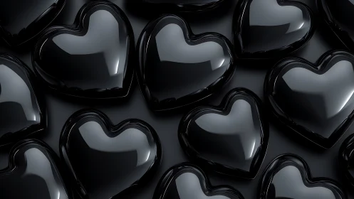 3D Black Glossy Heart Shapes on Dark Surface.