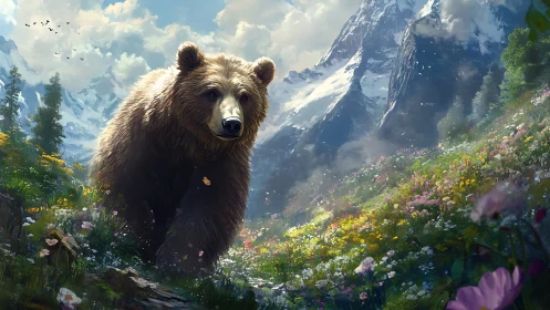 Brown bear strides through a sunlit alpine flower meadow