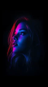 Neon-lit female profile in luminous red and blue gradients.