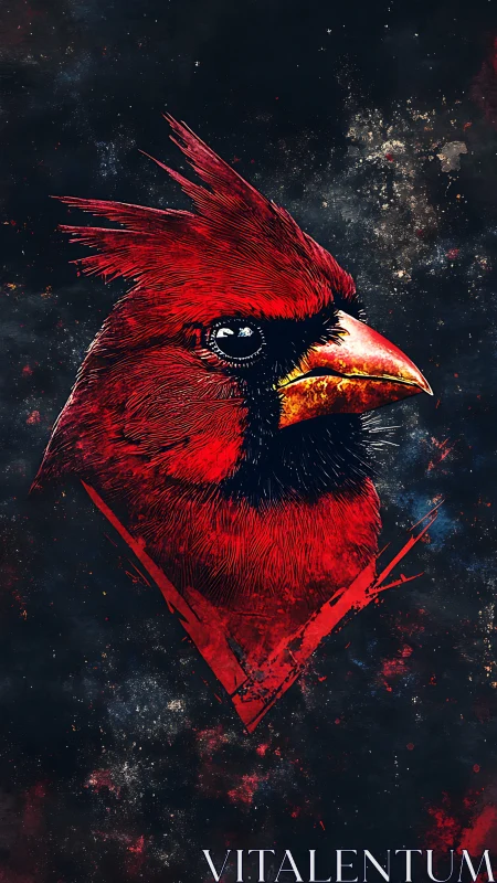 Stylized red cardinal head rendered over dark space field